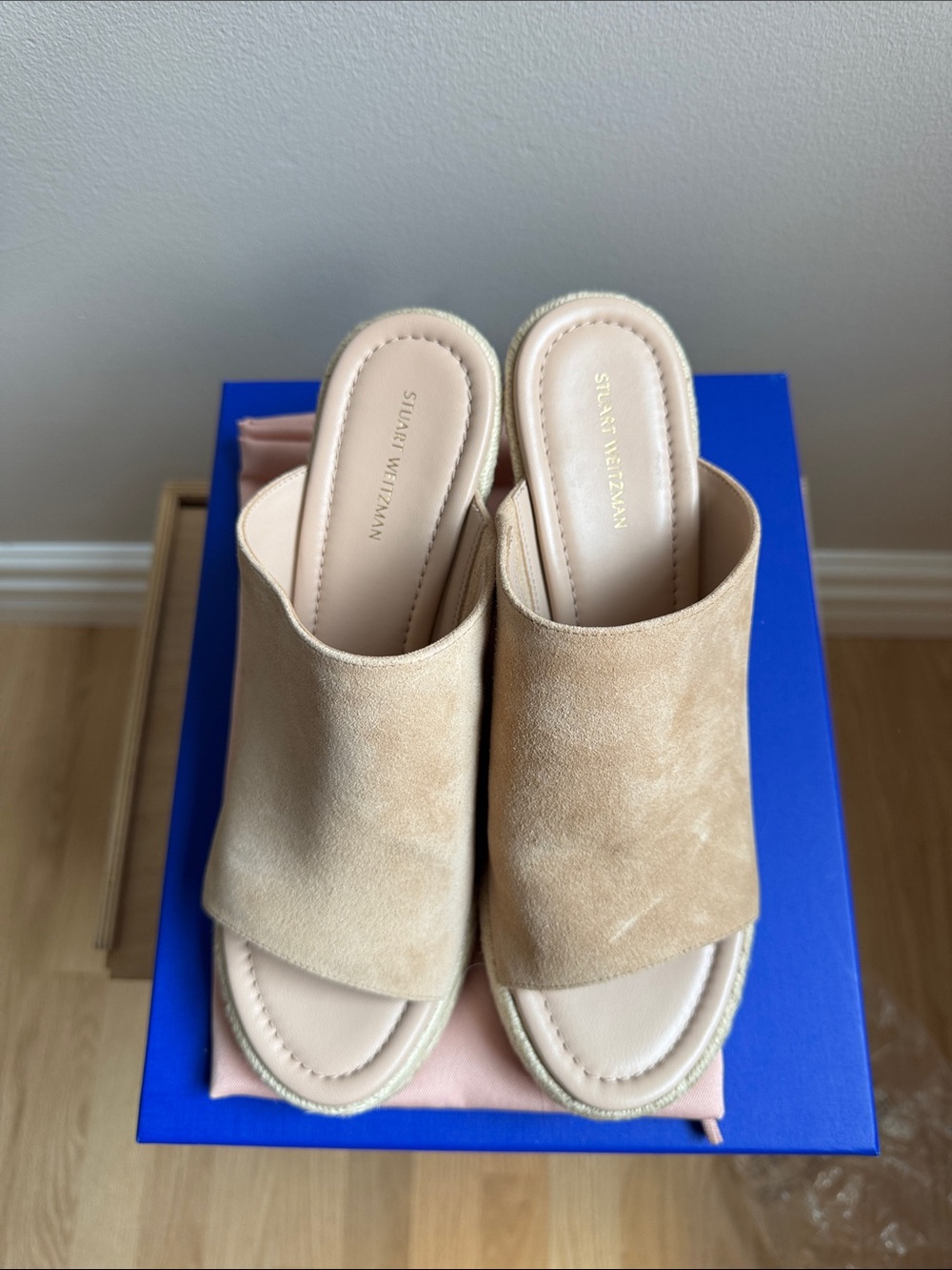 Stuart Weitzman Beige Suede Espadrille Wedge Slides - Picture 6 of 6